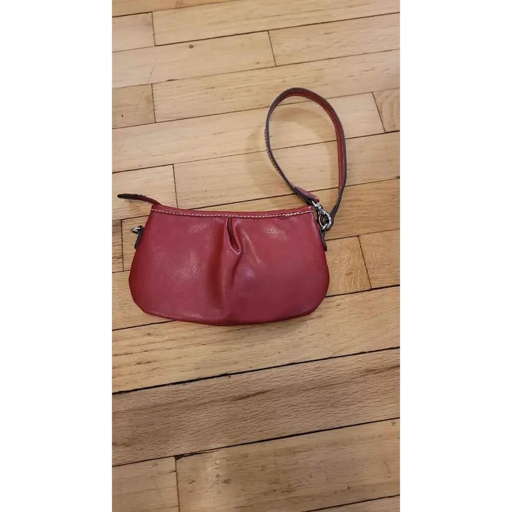 Red Leather‎ Pleated Wristlet Clutch Bag with Contrast Stitching Zip Closure Y2K